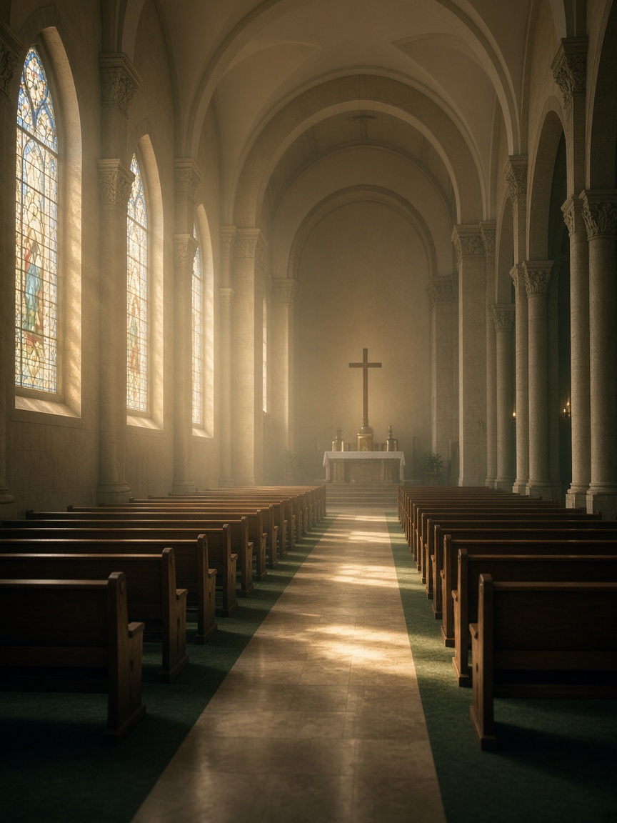 A quiet church sanctuary in warm light